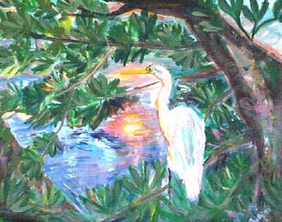 Sunset and Heron-Acrylic Painting